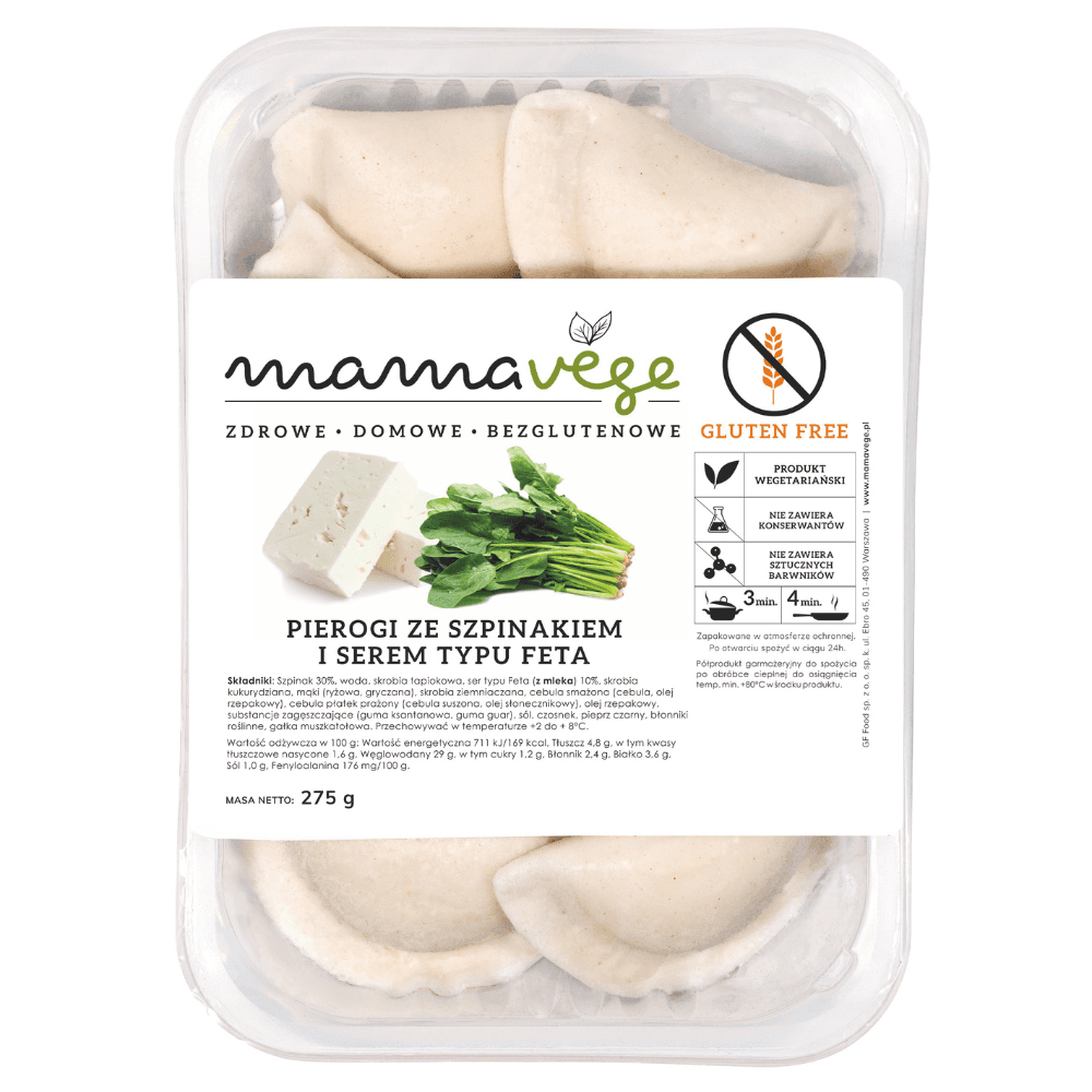 MAMAVEGE Pierogi ze szpinakiem i serem typu feta bezglutenowe. 71,60 zl/kg