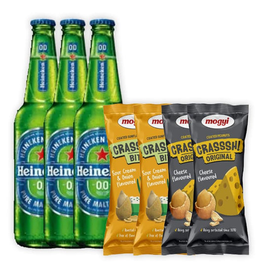 MULTIPAK HEINEKEN Piwo jasne bezalkoholowe x3 + MOGYI Slonecznik w skorupce o smaku cebulki ze smietanka x2 + MOGYI Orzeszki ziemne w skorupce o smaku serowym x2.