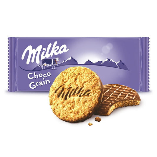 MILKA CHOCO GRAIN Ciastka z platkami owsianymi oblane czekolada mleczna. 39,60 zl/kg