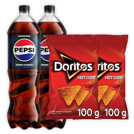 MULTIPAK PEPSI COLA Napoj gazowany bez cukru x2 + DORITOS Chipsy nachos o smaku ostrej papryki x2.