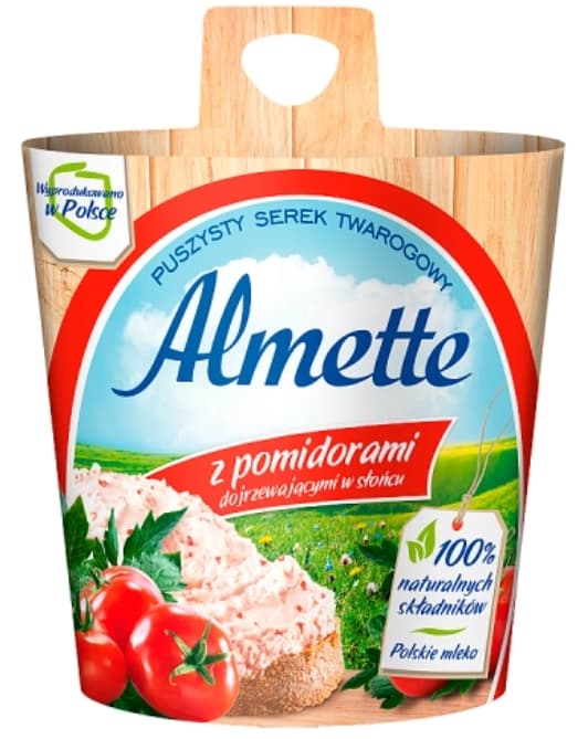 ALMETTE Puszysty serek twarogowy z pomidorami dojrzewajacymi w sloncu. 35,93 zl/kg